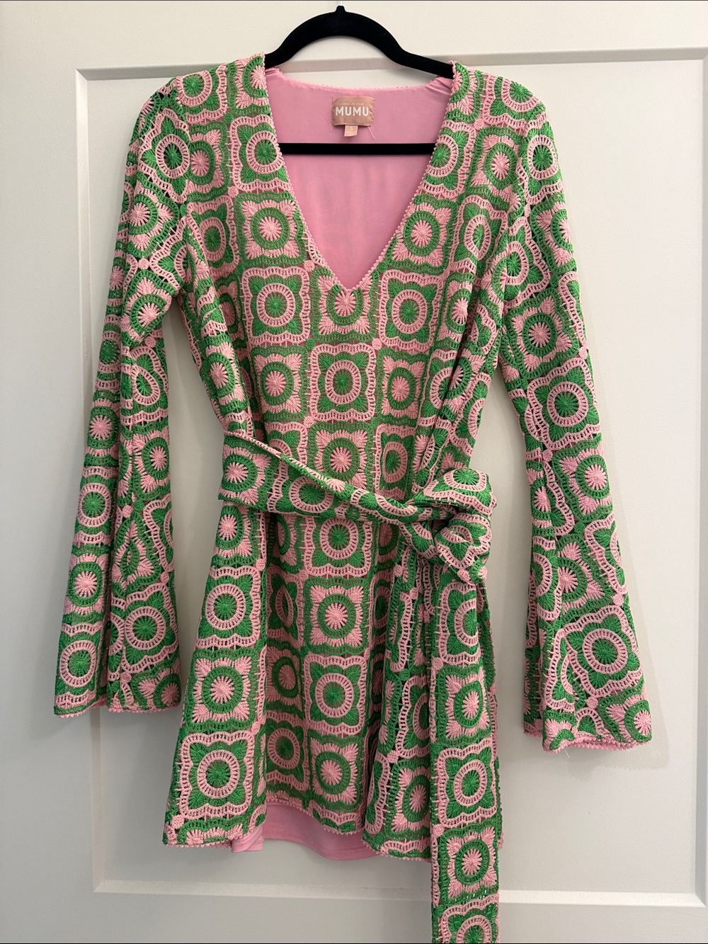 Show Me Your MuMu Pink and Green Crochet Wrap Dress